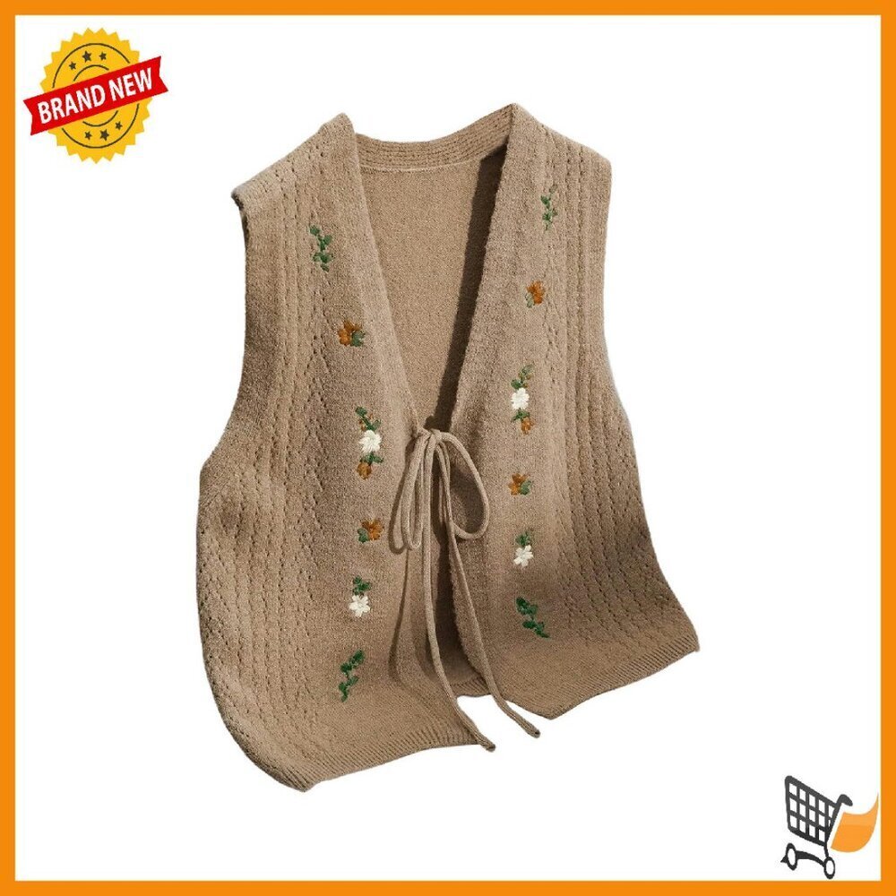 Floral Embroidered Tie Front Sweater Vest V Neck Sleeveless Knit